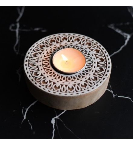 Rangoli Wooden T- Light Holder Set with 6 Soy Wax Candles